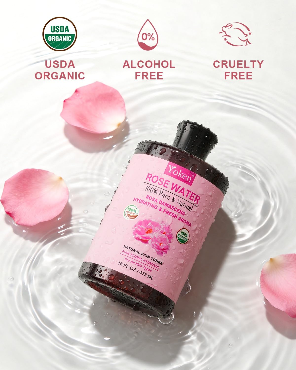 Détail de la bouteille Yoken Eau de Rose Bio avec étiquette