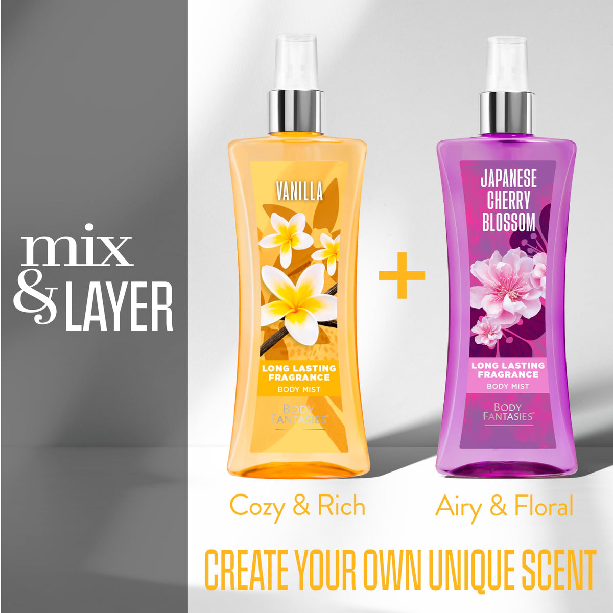 Détail de la brume parfumée Body Fantasies Vanille avec fleurs