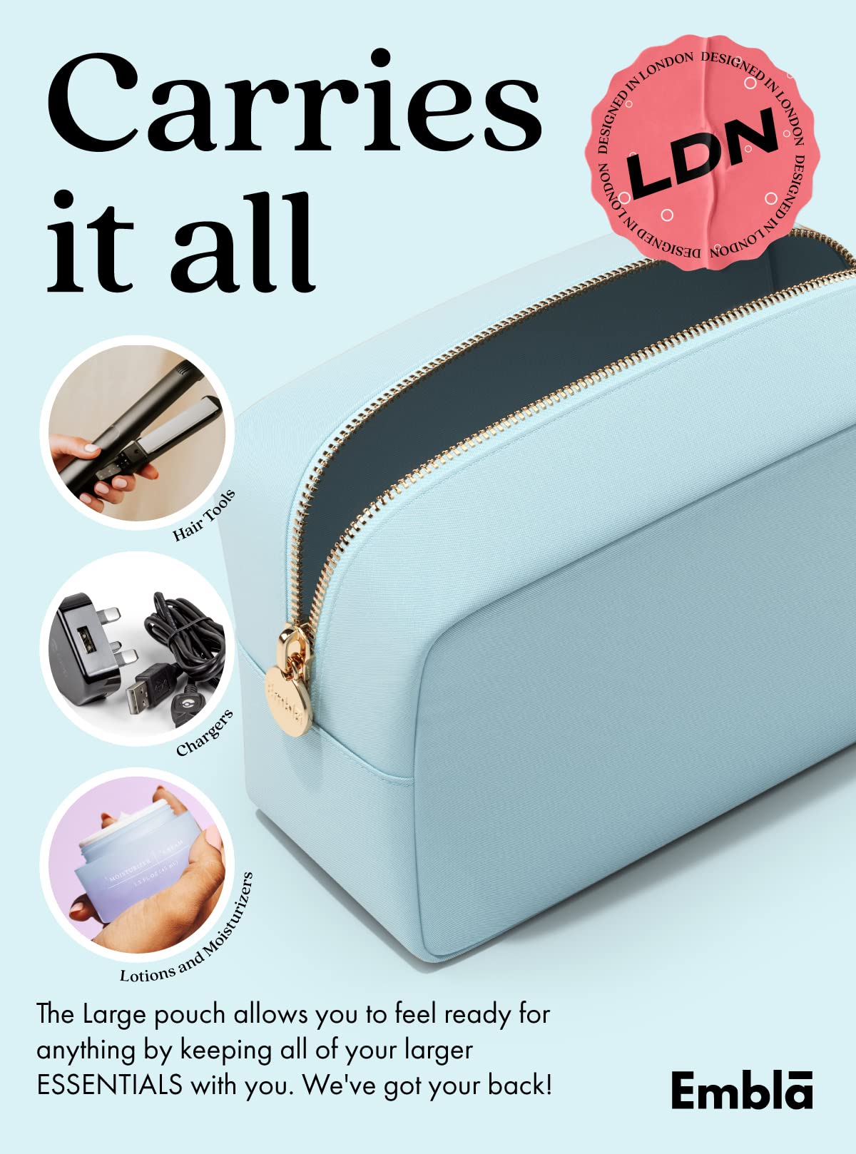 Détail de la fermeture éclair de la trousse de maquillage Embla