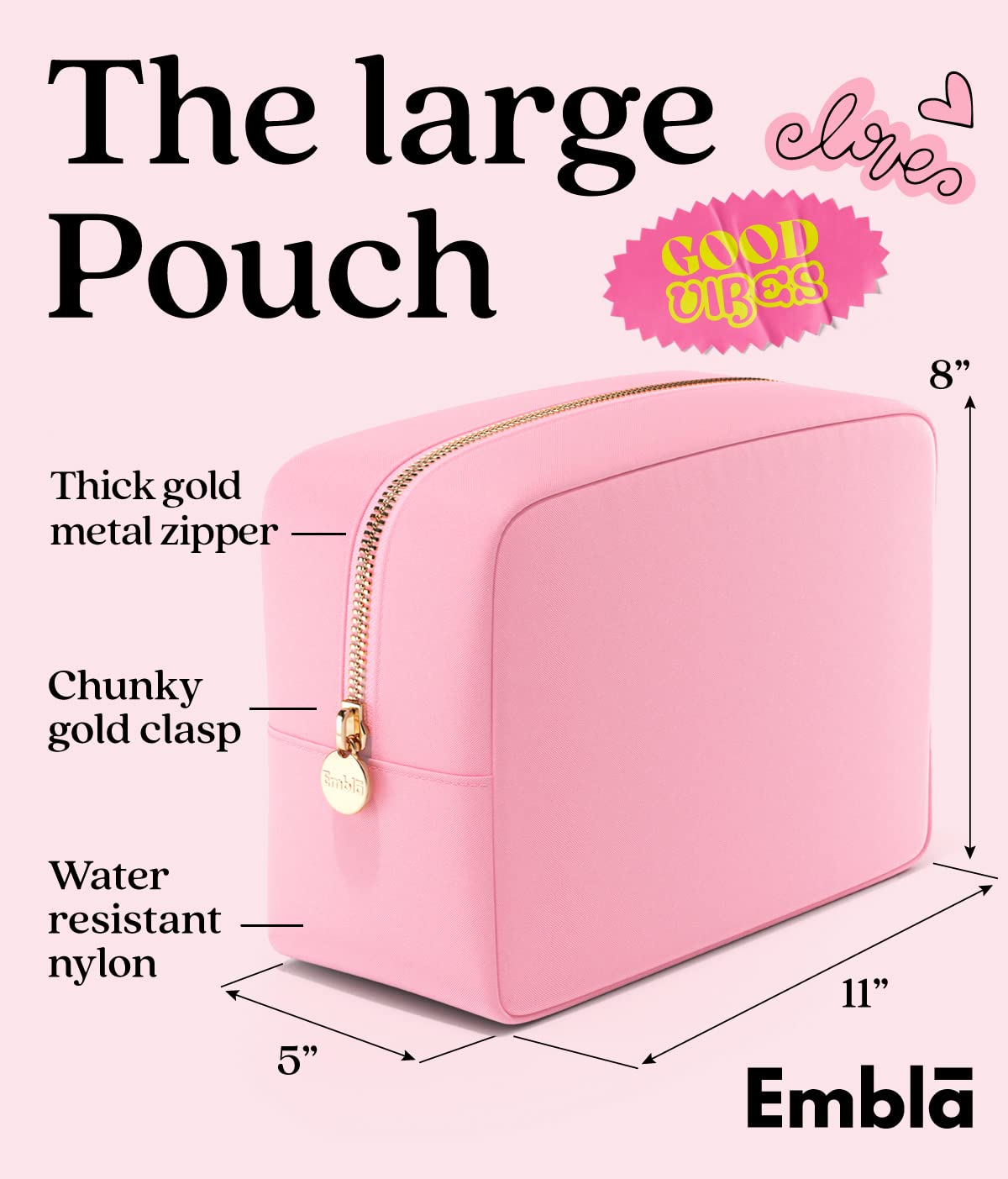 Détail de la fermeture éclair de la trousse de maquillage Embla rose clair