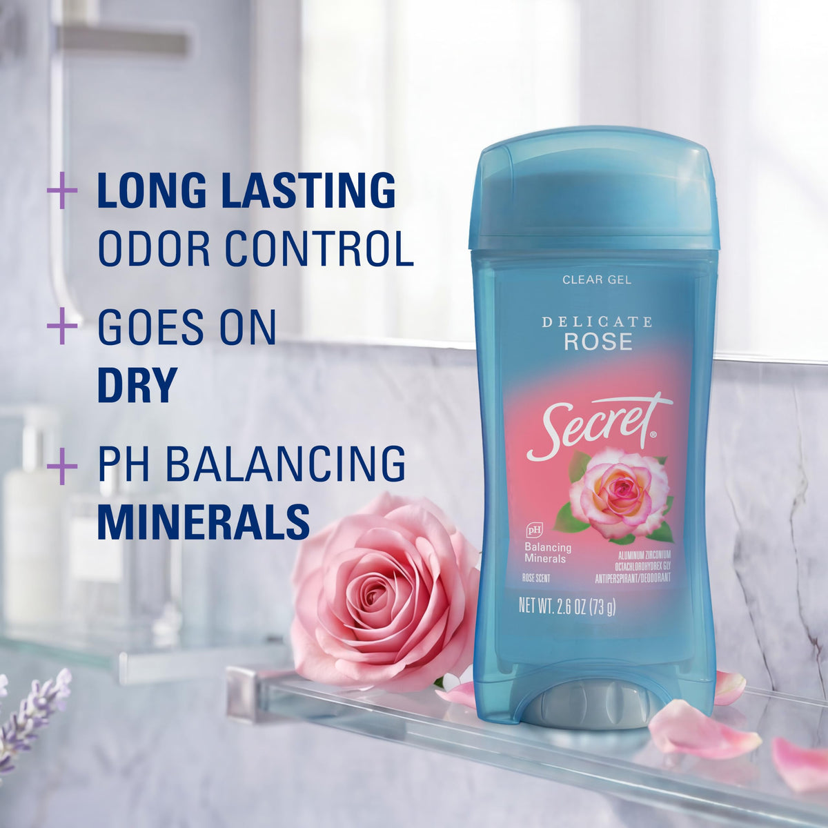 Détail de la formule gel clair du déodorant Secret, application sans résidu