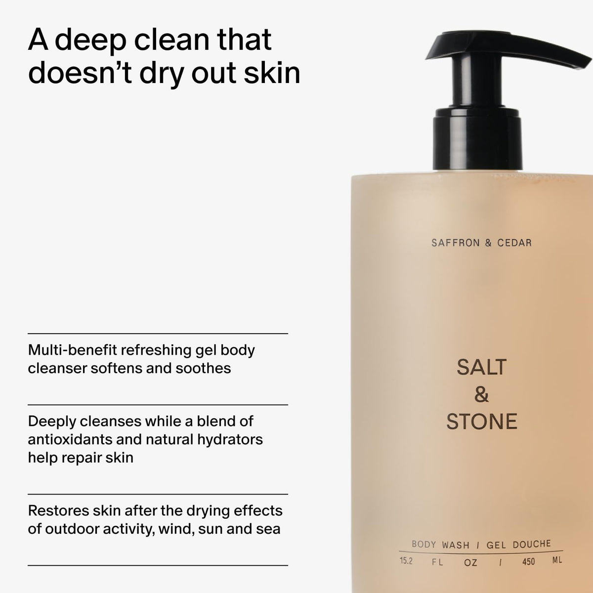 Détail de la mousse du gel douche Salt & Stone sur une éponge