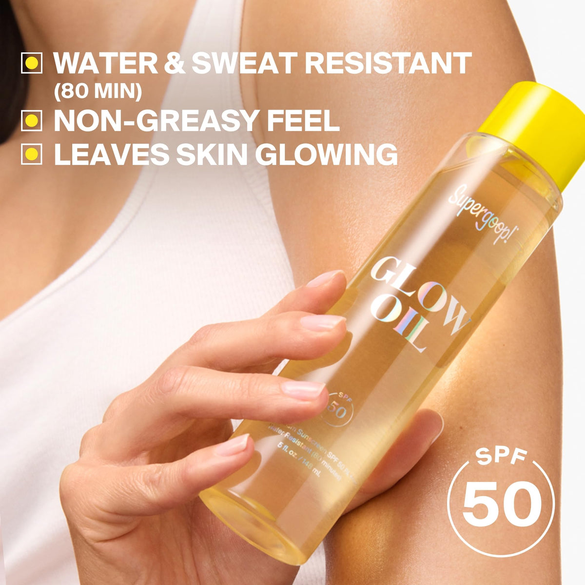 Détail de la pompe de Supergoop! Glow Oil SPF 50