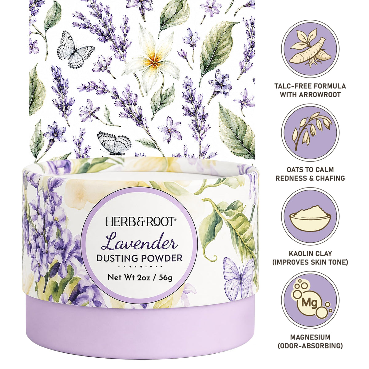 Détail de la poudre de lavande Herb & Root dans un récipient