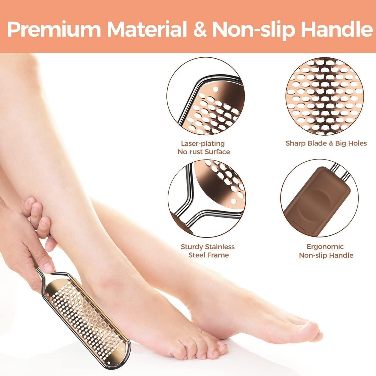 Détail de la râpe à pieds Easkep montrant les trous en acier inoxydable