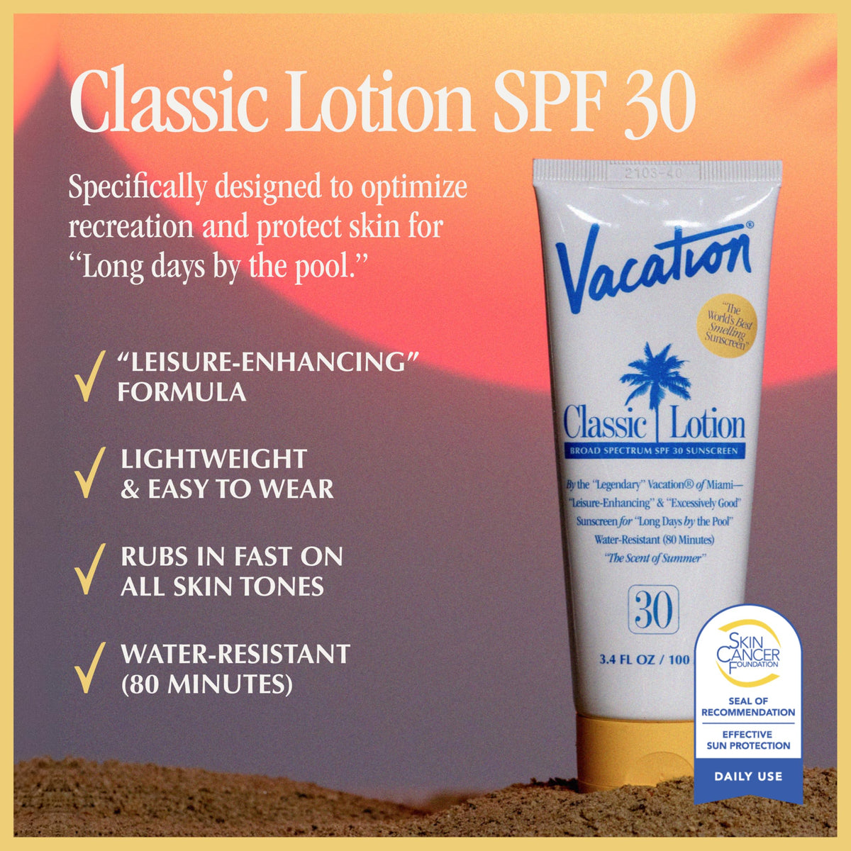 Détail de la texture de la crème solaire VACATION sur une main