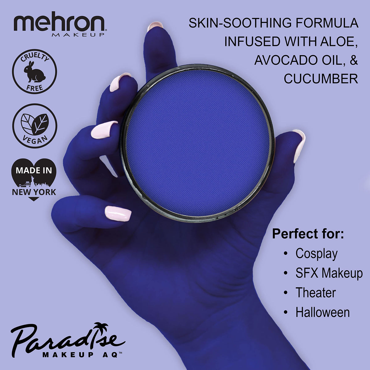 Détail de la texture de la peinture corporelle Mehron BLEU FONCÉ
