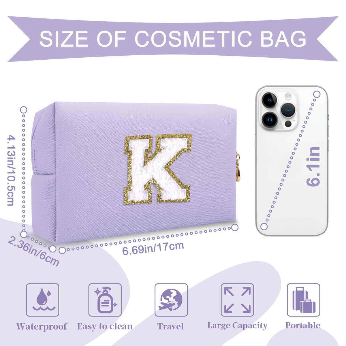 Détail de la trousse de maquillage ChaoGreat avec initiale K en paillettes dorées