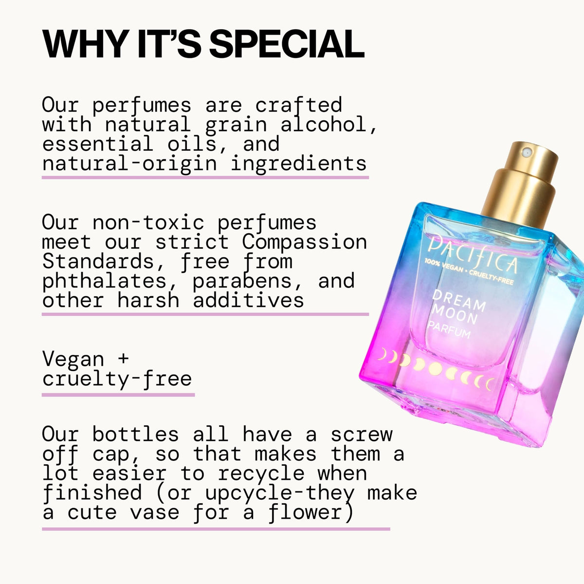 Détail de la vaporisation du parfum Pacifica Dream Moon