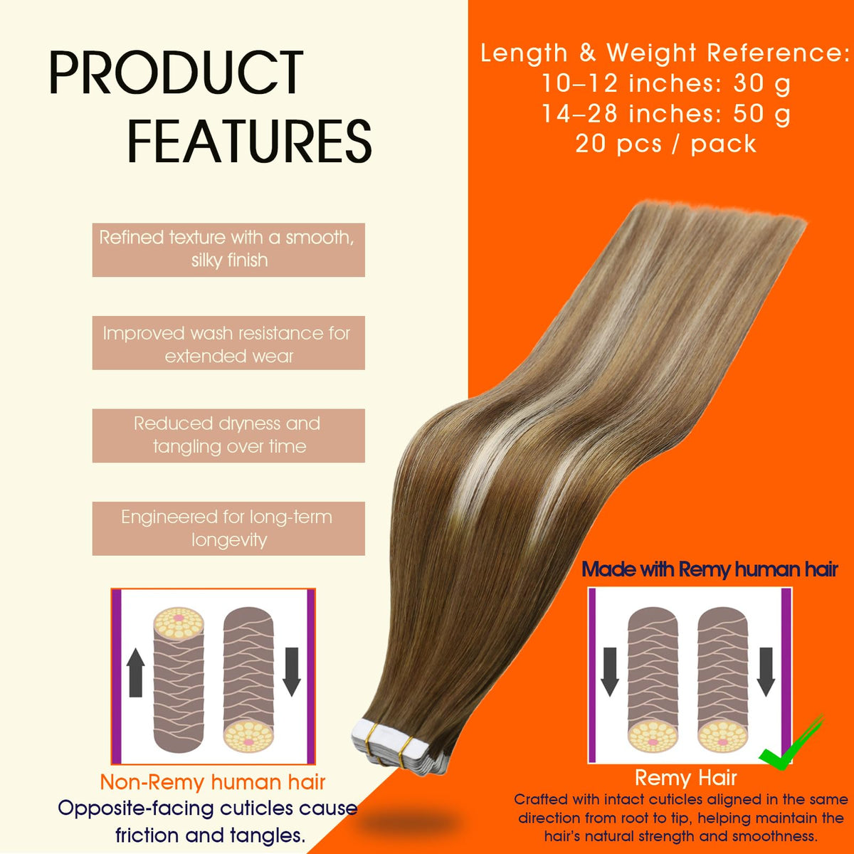 Détail des bandes adhésives des extensions de cheveux Tape In Full Shine