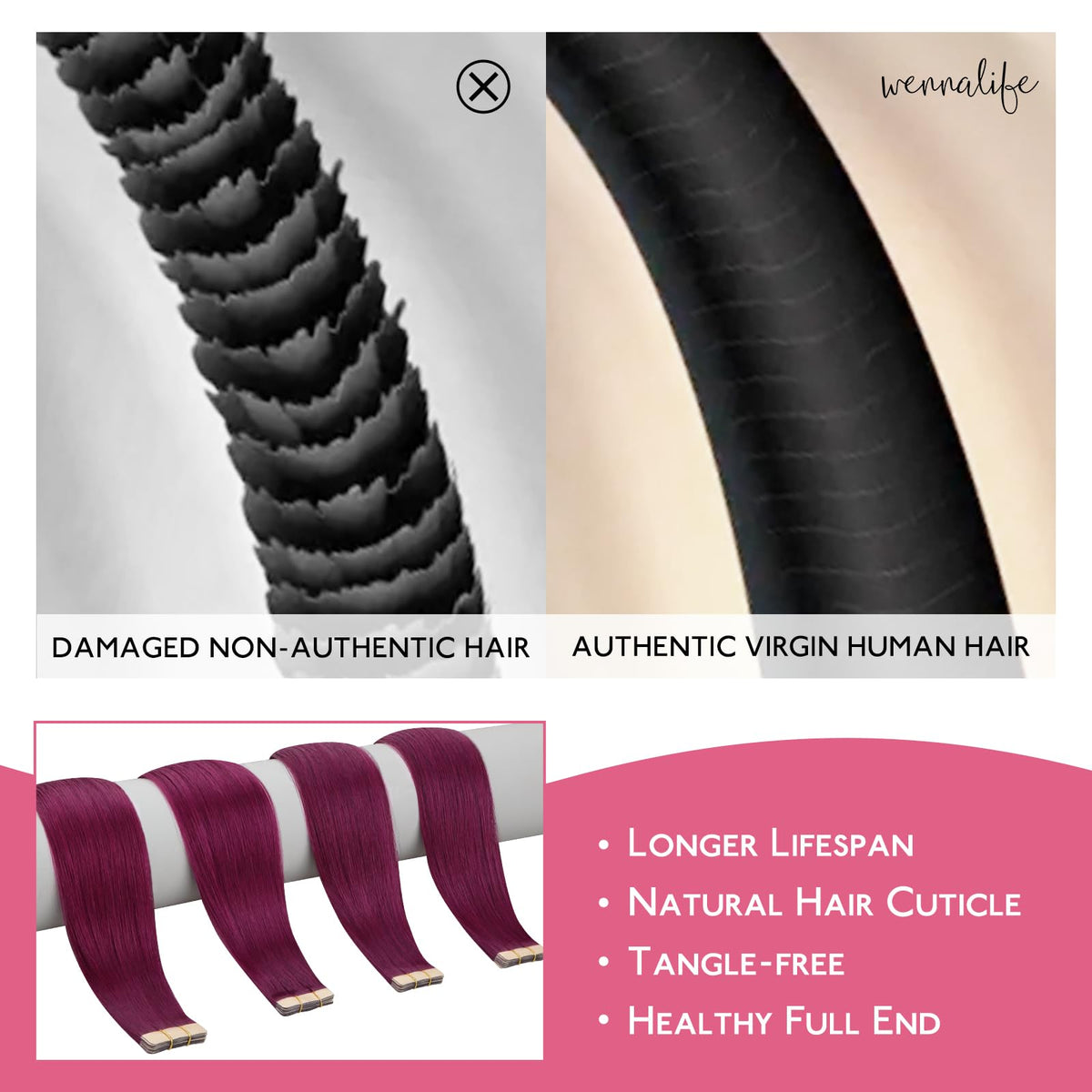 Détail des bandes adhésives des extensions de cheveux Wennalife
