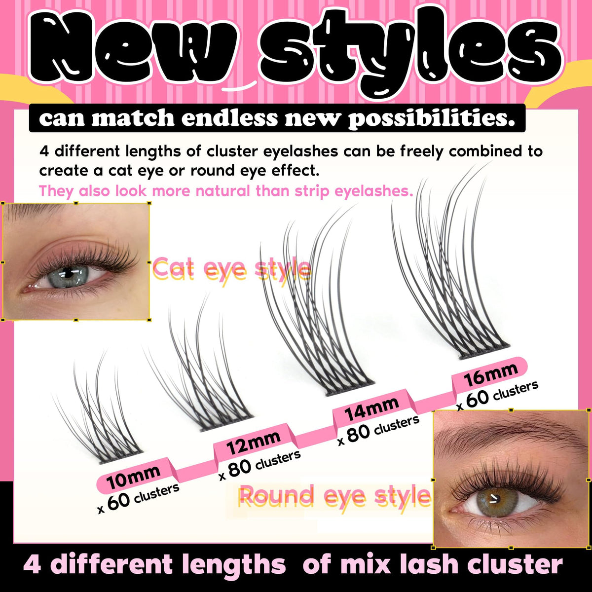Détail des cils en clusters FANXITON, 10-16 mm, en fibres synthétiques
