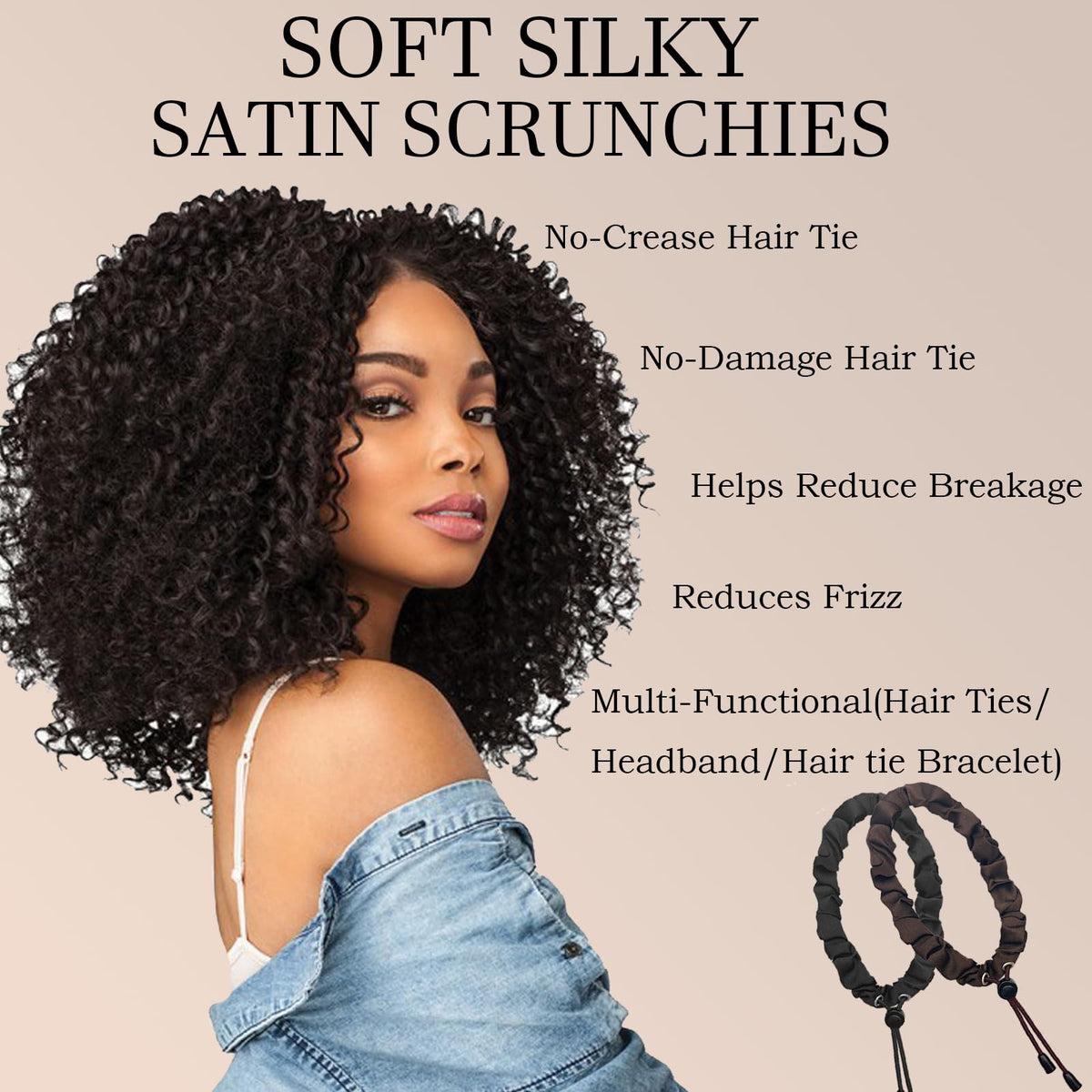 Détail des élastiques à cheveux satinés Bswox montrant le cordon ajustable