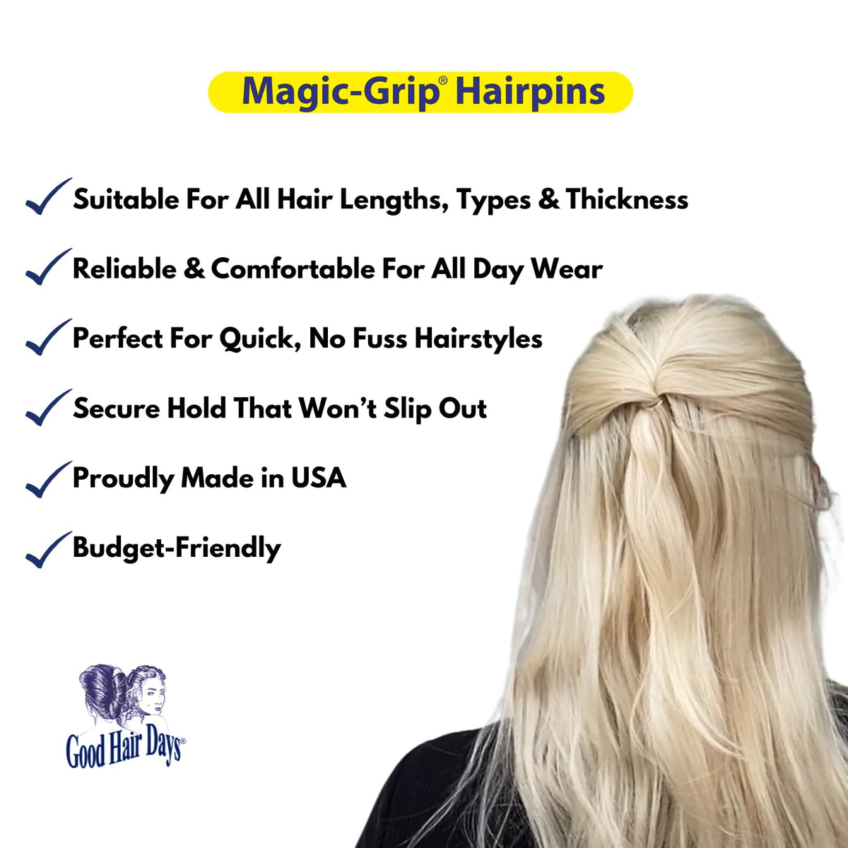 Détail des épingles à cheveux Good Hair Days avec design unique