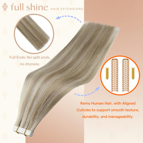Détail des extensions à ruban Fshine, texture des cheveux humains.
