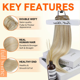 Détail des extensions cheveux blonds Full Shine, texture soyeuse