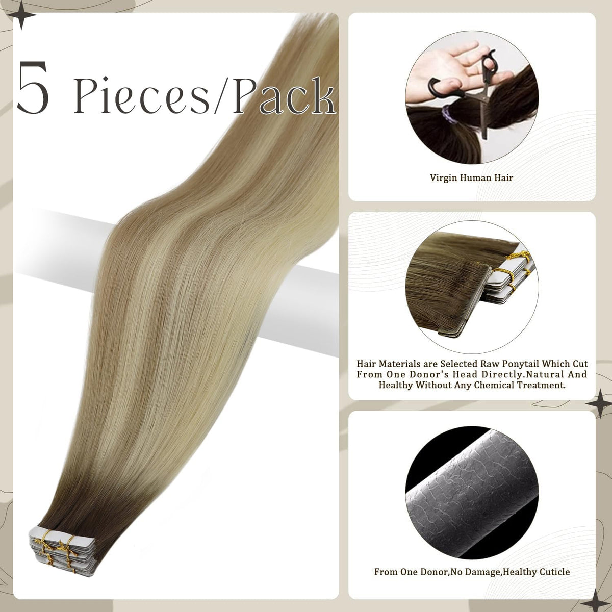Détail des extensions de cheveux avec bande adhésive