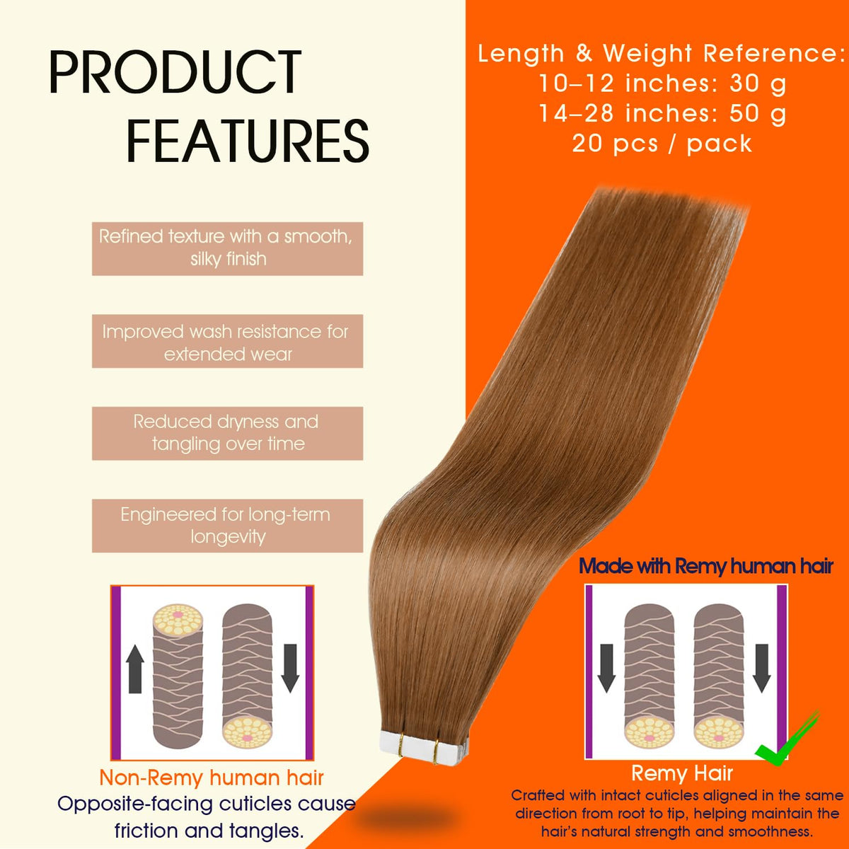 Détail des extensions de cheveux Full Shine montrant la bande adhésive