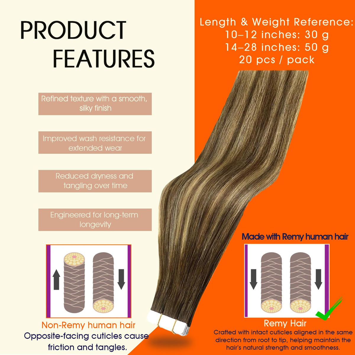 Détail des extensions de cheveux humains Full Shine avec ruban adhésif