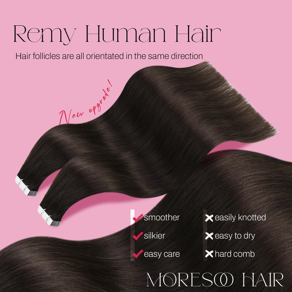 Détail des extensions de cheveux Moresoo avec ruban blanc