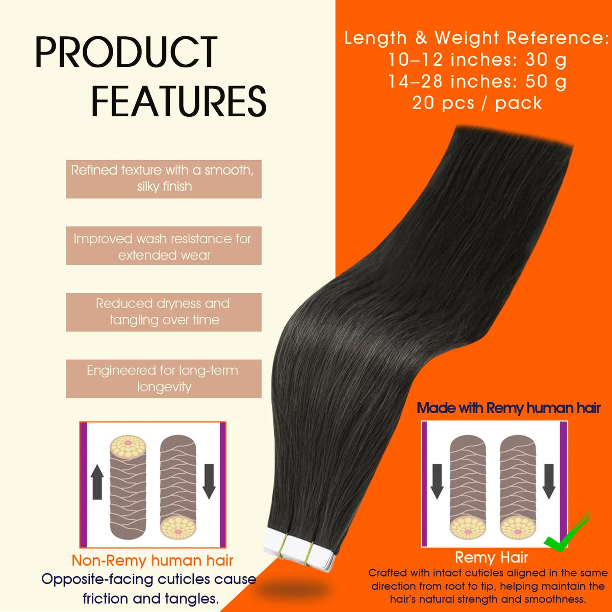 Détail des extensions de cheveux tissées Full Shine avec ruban adhésif