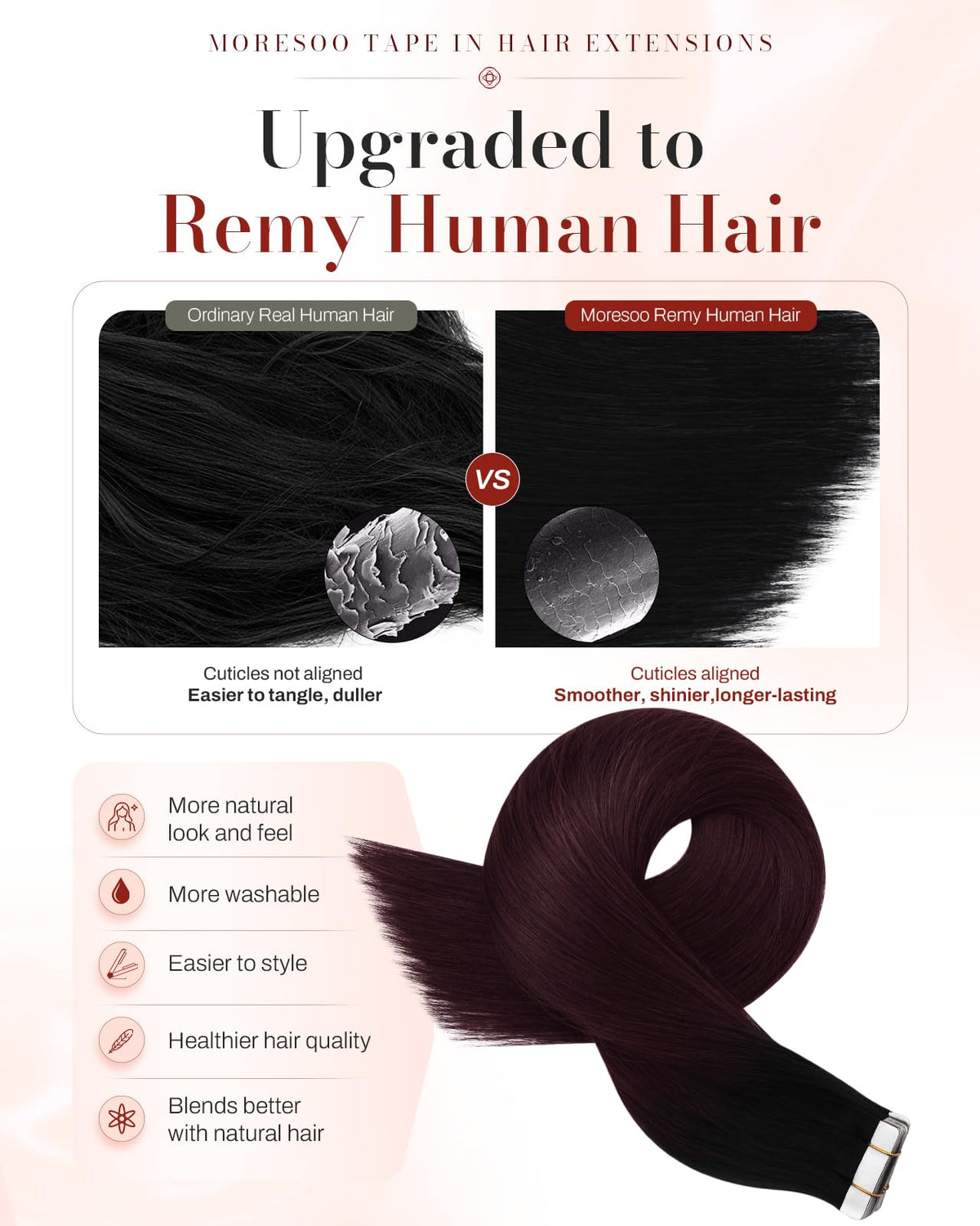 Détail des extensions Moresoo avec bande adhésive blanche