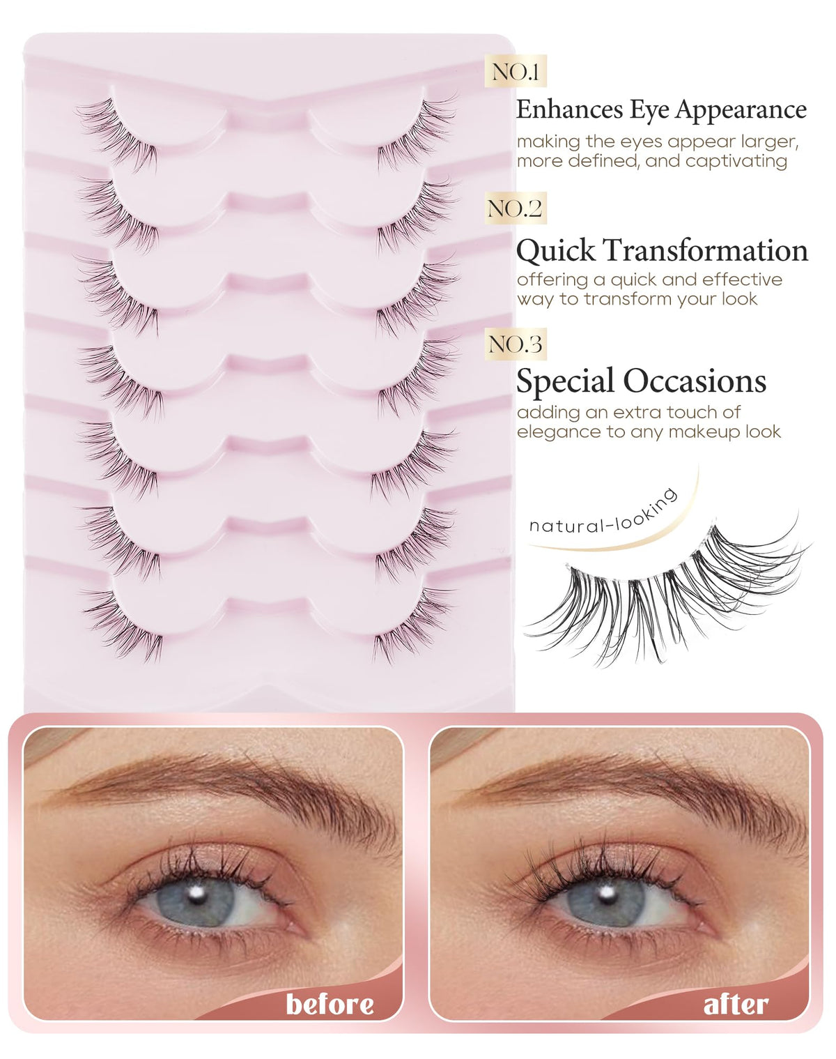 Détail des faux cils mi-cornes Onlyall avec bande transparente