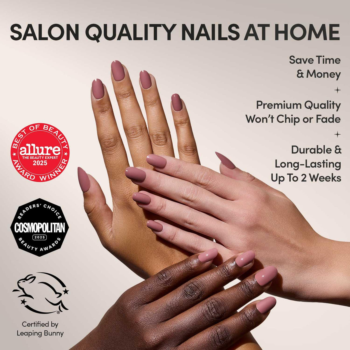 Détail des faux ongles Glamnetic Mauve Mood couleur mauve
