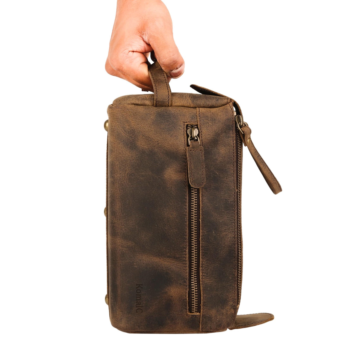 Détail des fermetures éclair en métal YKK du sac de toilette KomalC