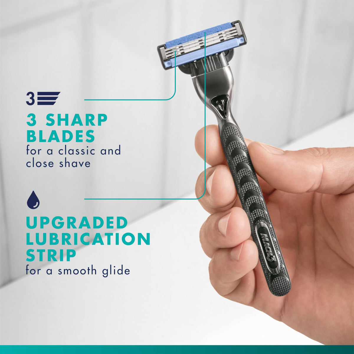 Détail des lames Gillette Mach3 avec bande de lubrification