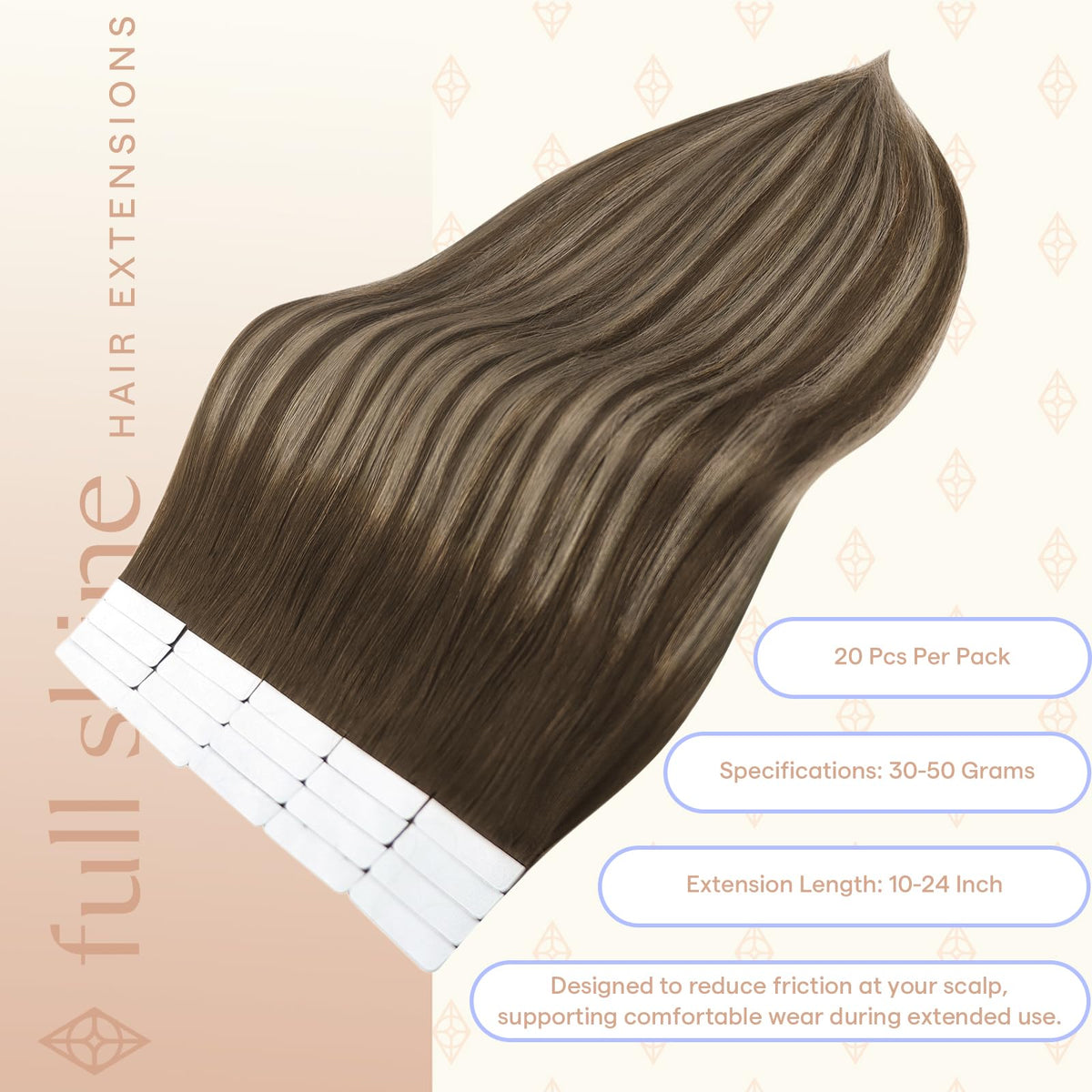 Détail des mèches d'extensions Fshine en châtain moyen blond miel