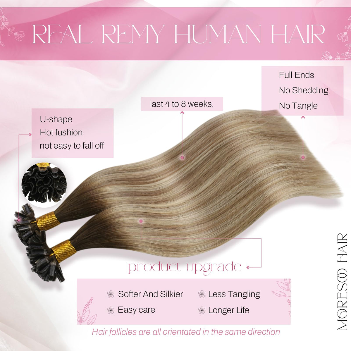 Détail des mèches d'extensions Moresoo K Tip en balayage