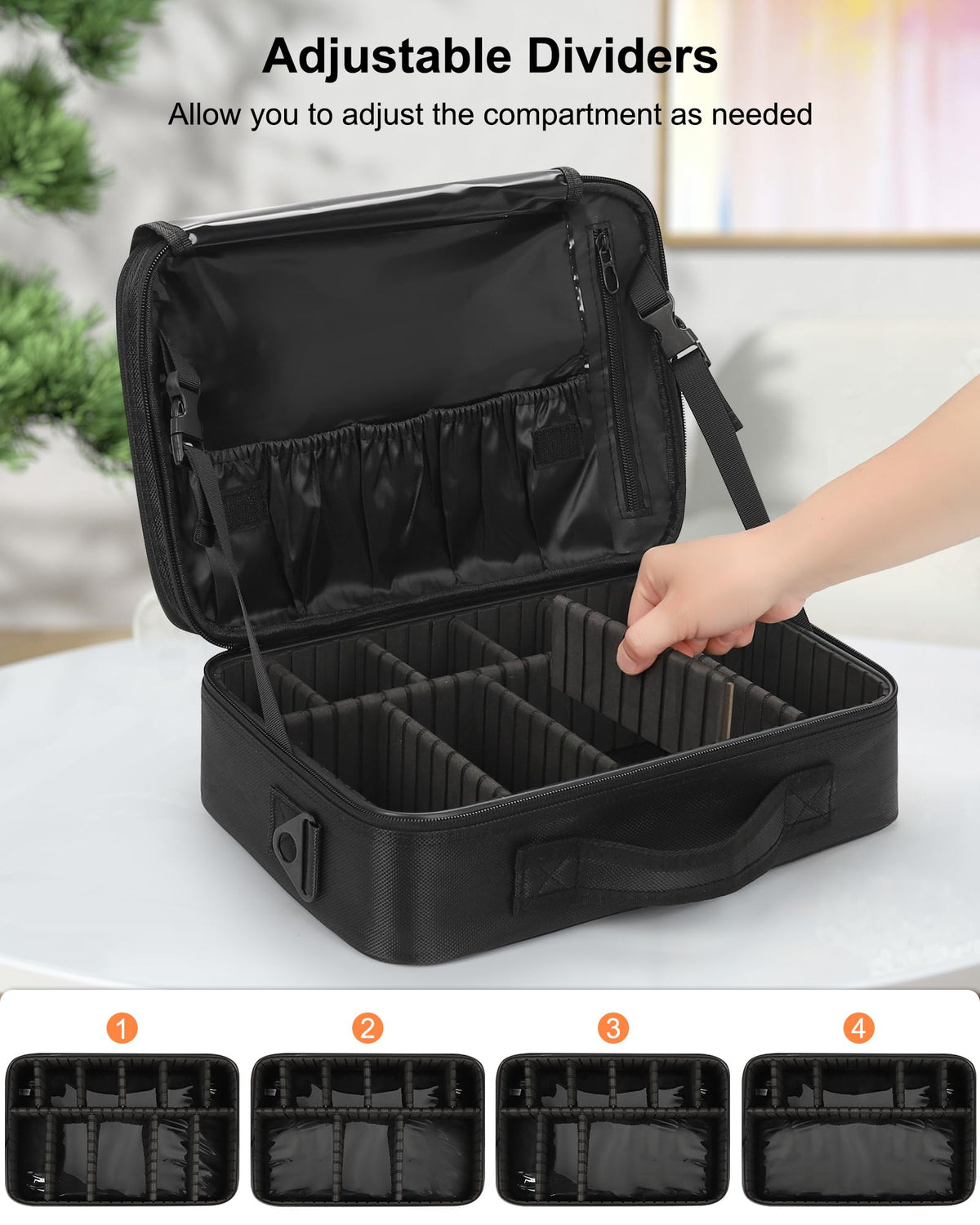 Détail des poches en filet et des compartiments ajustables de la trousse de maquillage Relavel