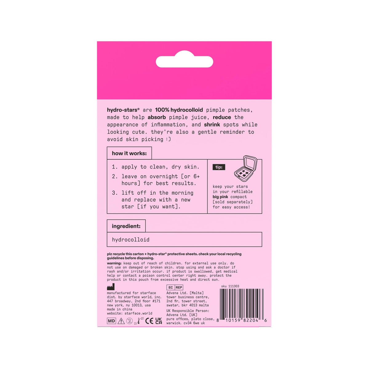 Détail des quatre teintes de patches HydroStar Starface