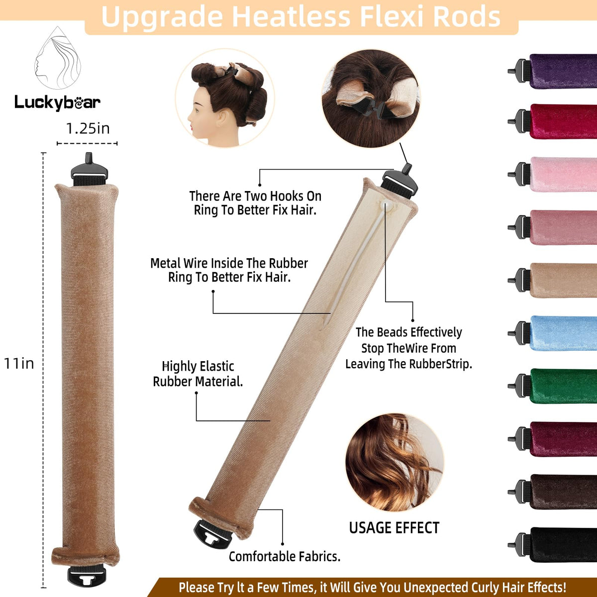 Détail des rouleaux à cheveux sans chaleur Luckybear, texture en velours satin