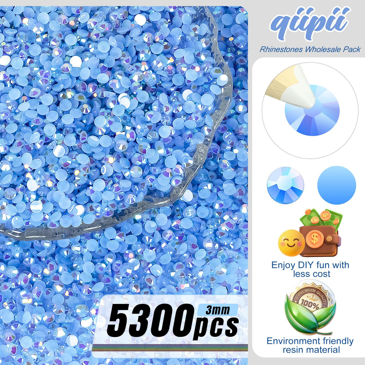 Détail des strass résine bleu AB 3mm sur une surface