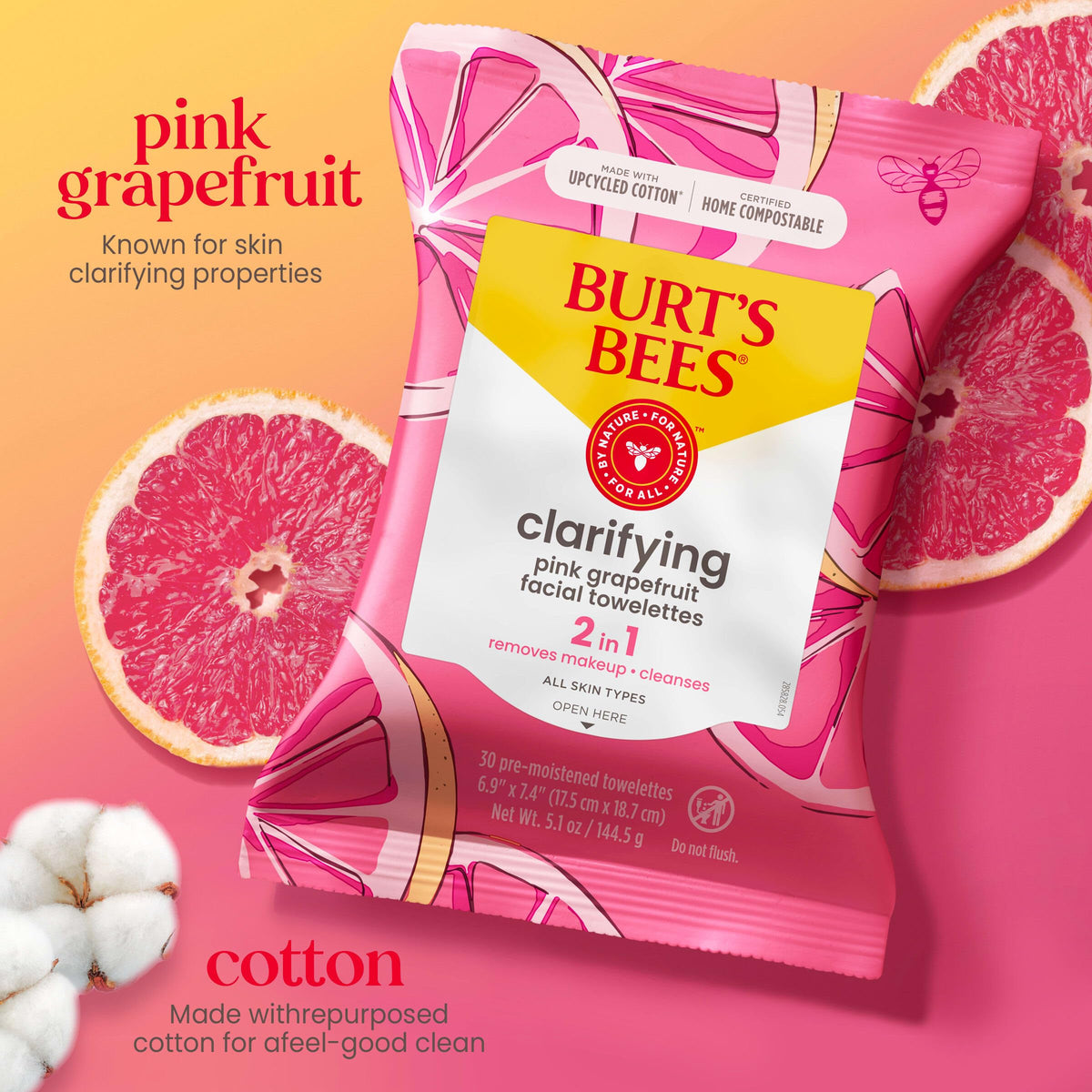 Détail du contenu des lingettes visage Burt's Bees au pamplemousse rose