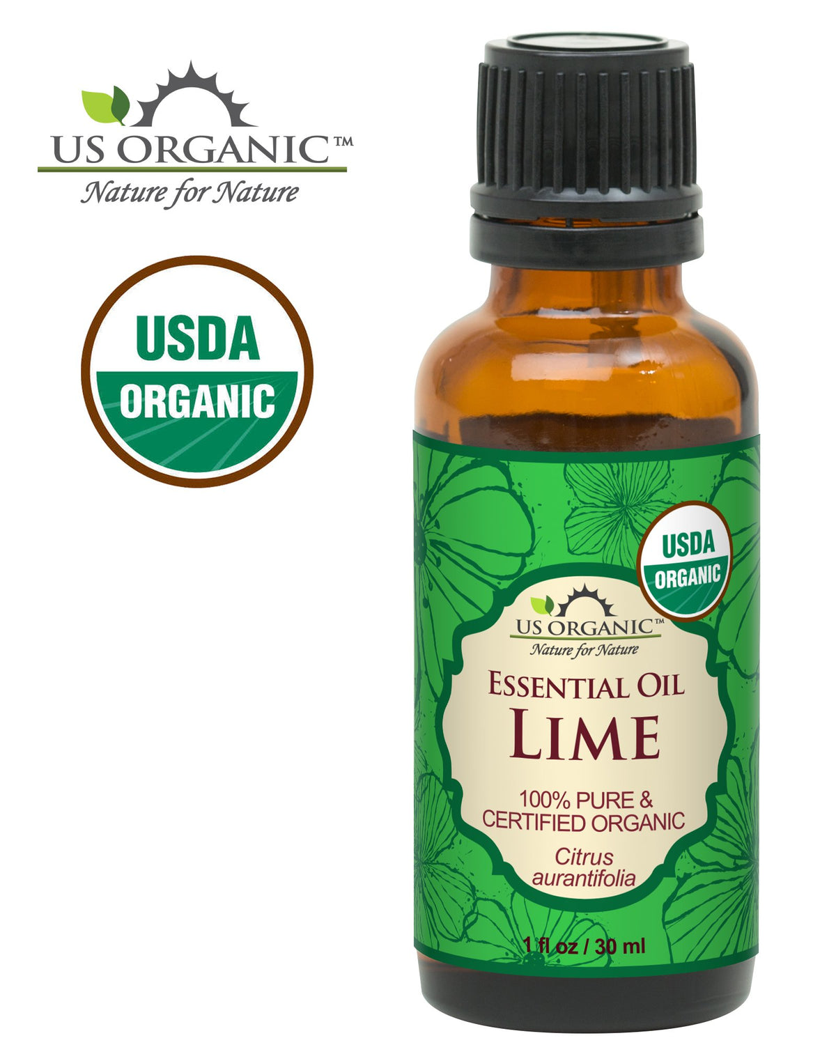 Détail du flacon d'huile essentielle de citron vert avec étiquette