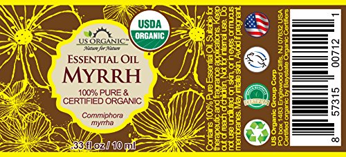 Détail du flacon d'huile essentielle de myrrhe US Organic avec étiquette