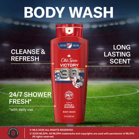 Détail du flacon de Gel Douche Old Spice MLS Victory