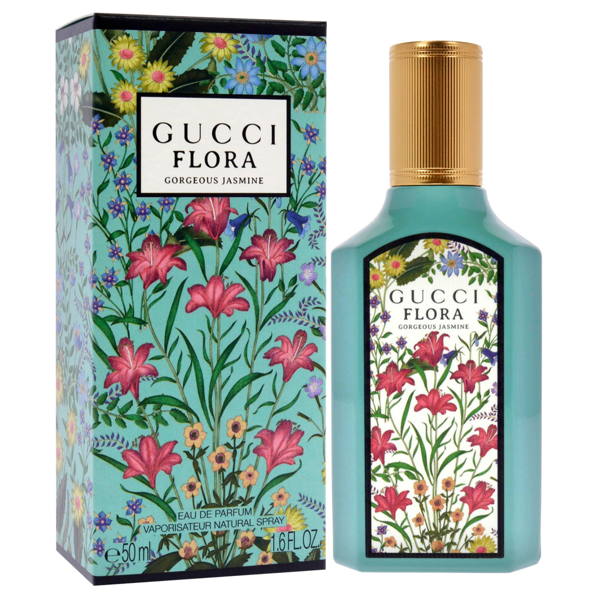 Détail du flacon de Gucci Flora Gorgeous Jasmine avec bouchon