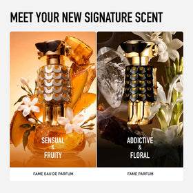 Détail du flacon de parfum Rabanne Fame affichant la texture de la bouteille