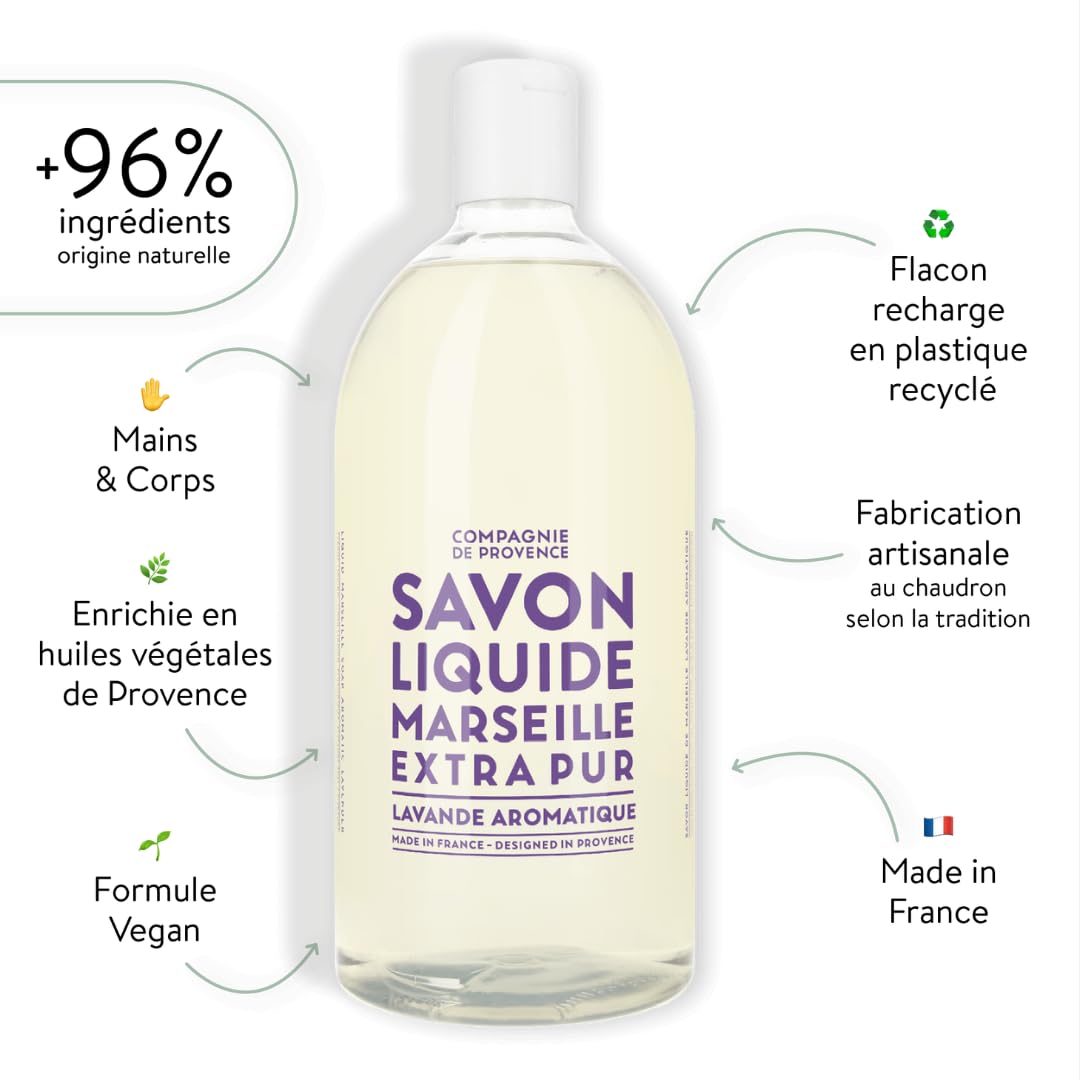 Détail du flacon de savon liquide de Marseille à la lavande