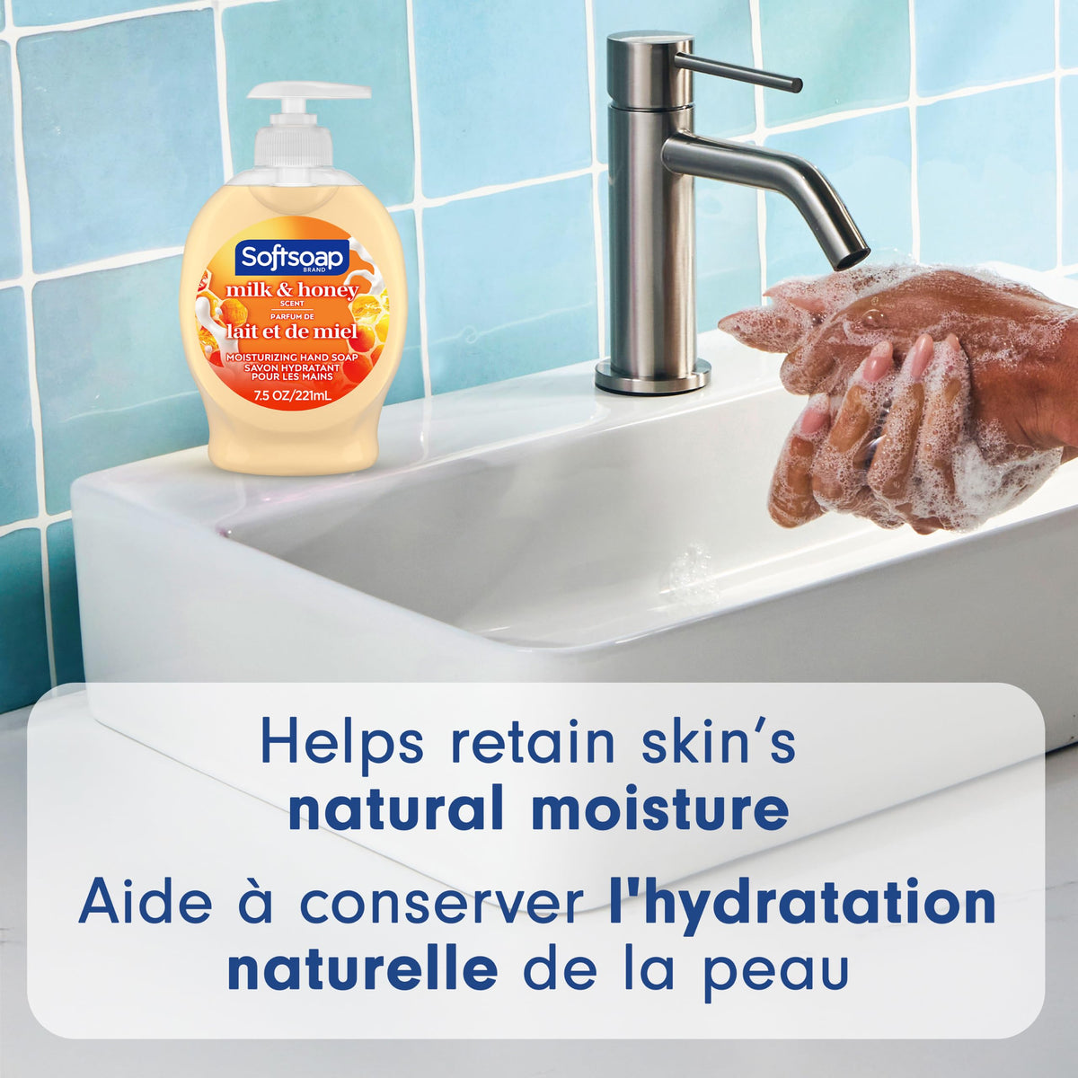 Détail du flacon de savon liquide Softsoap Miel et Lait
