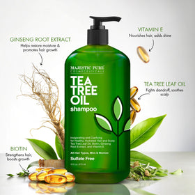Détail du flacon de shampooing Majestic Pure à l'huile d'arbre à thé