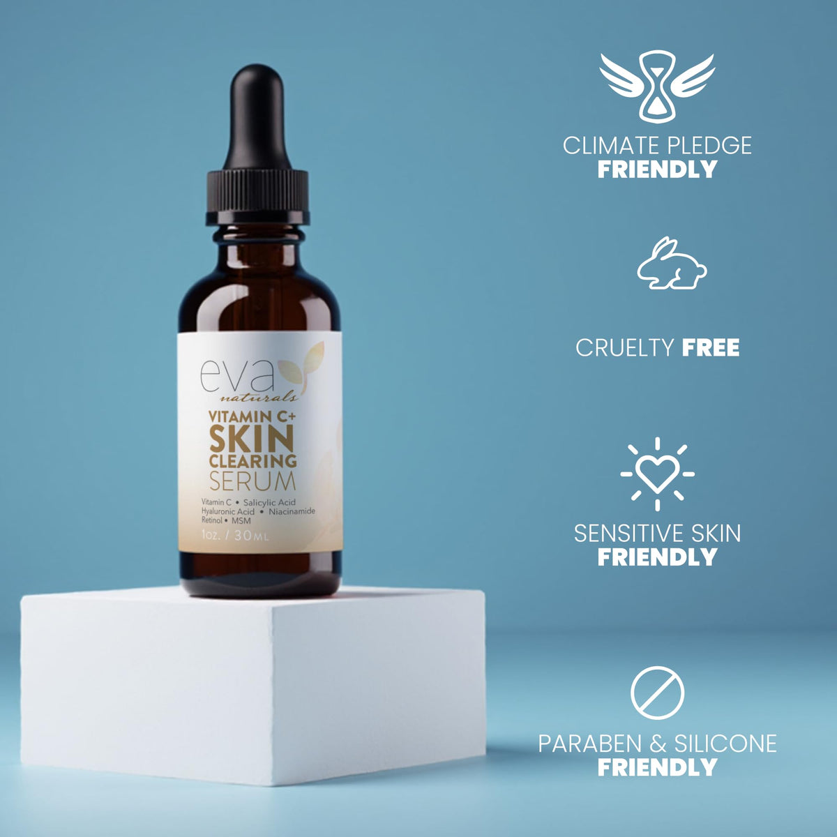 Détail du flacon du sérum Eva Naturals avec étiquette visible