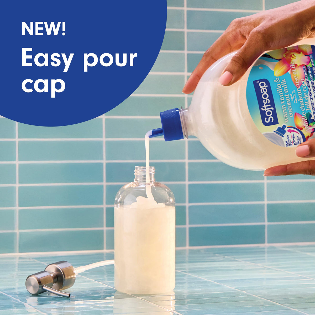 Détail du goulot verseur du savon liquide Softsoap