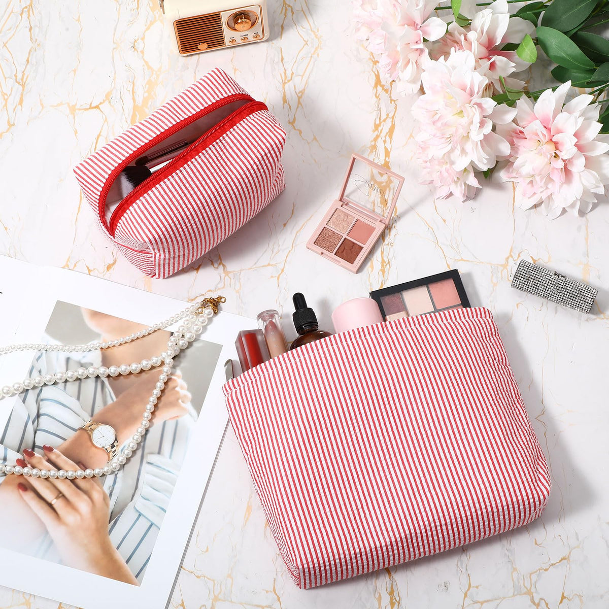 Détail du matériau seersucker des pochettes de maquillage Huhumy