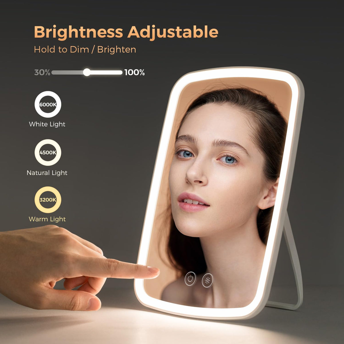 Détail du miroir NEZZOE avec boutons de luminosité et couleurs