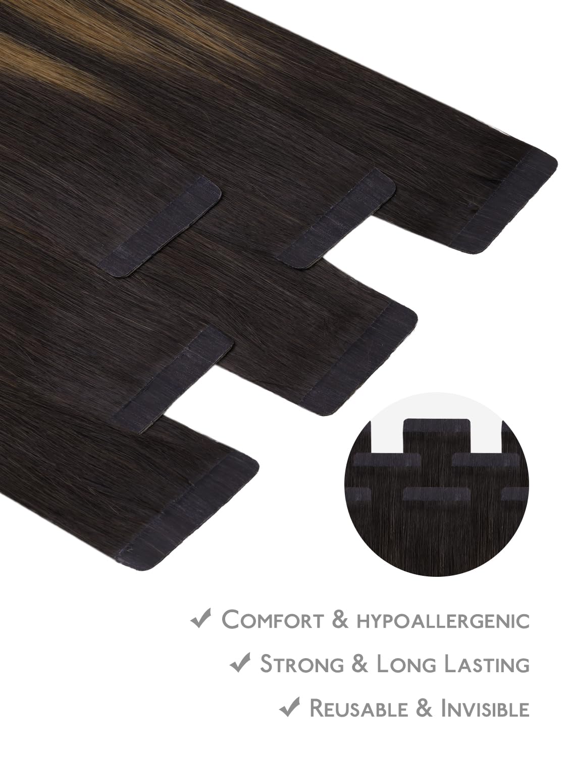 Détail du ruban hypoallergénique des extensions Wennalife